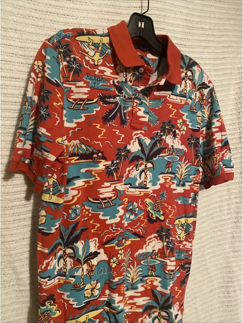 Polo Ralph Lauren Mens Red Aloha Palm Island Hawaiian Print Polo Shirt Size SP